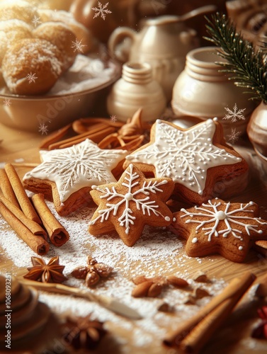 Baking christmas cookies. Typical cinnamon stars bakery for xmas with ingredients.