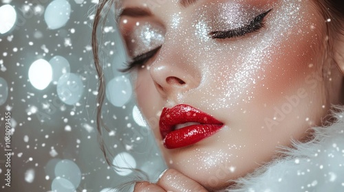A woman with red lips and glittery makeup
