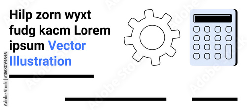 Gear icon beside calculator and sample text with lines. Ideal for educational materials, financial planning, technical guides, presentations, infographics, websites, apps. Landing page