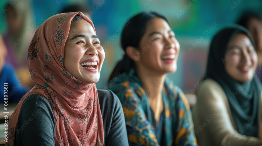 Modern immigrants laughing together during English class Modern immigrants laughing together during English class