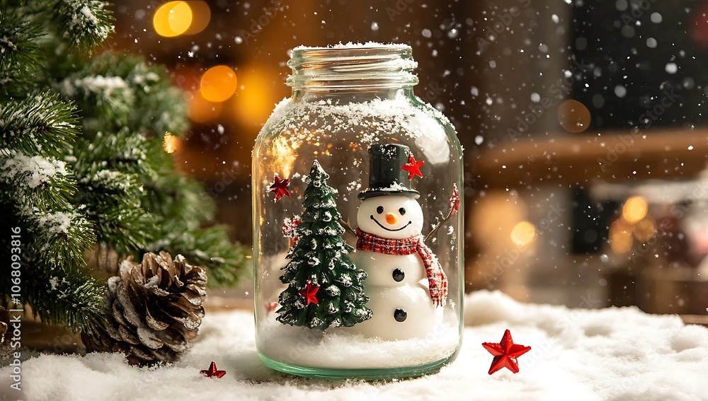 Capture the Magic of Christmas with this Adorable Snowman in a Jar. A charming Christmas scene featuring a miniature snowman nestled inside a glass jar with a small Christmas tree and red star Capture the Magic of Christmas with this Adorable Snowman in a Jar. A charming Christmas scene featuring a miniature snowman nestled inside a glass jar with a small Christmas tree and red star