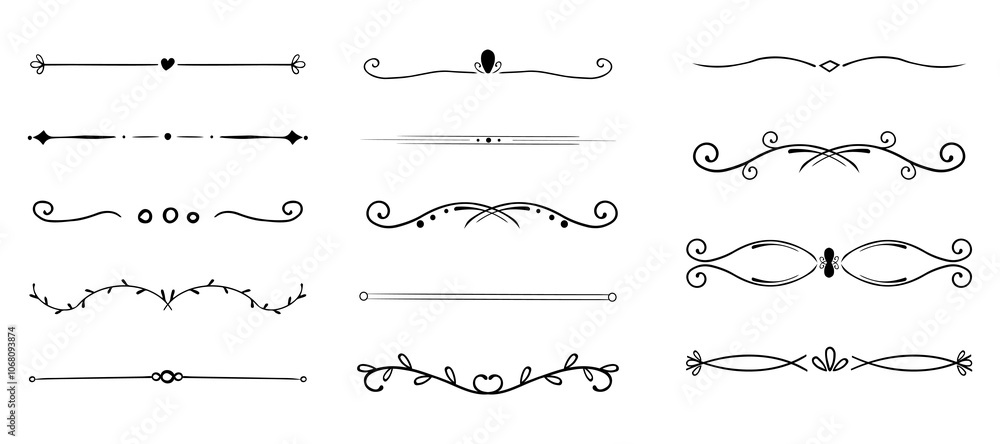 Swirl line divider, doodle decorative fancy ornament border, simple hand drawn frame. Retro curve set flourish thin decorations. Swirl line divider, doodle decorative fancy ornament border, simple hand drawn frame. Retro curve set flourish thin decorations.