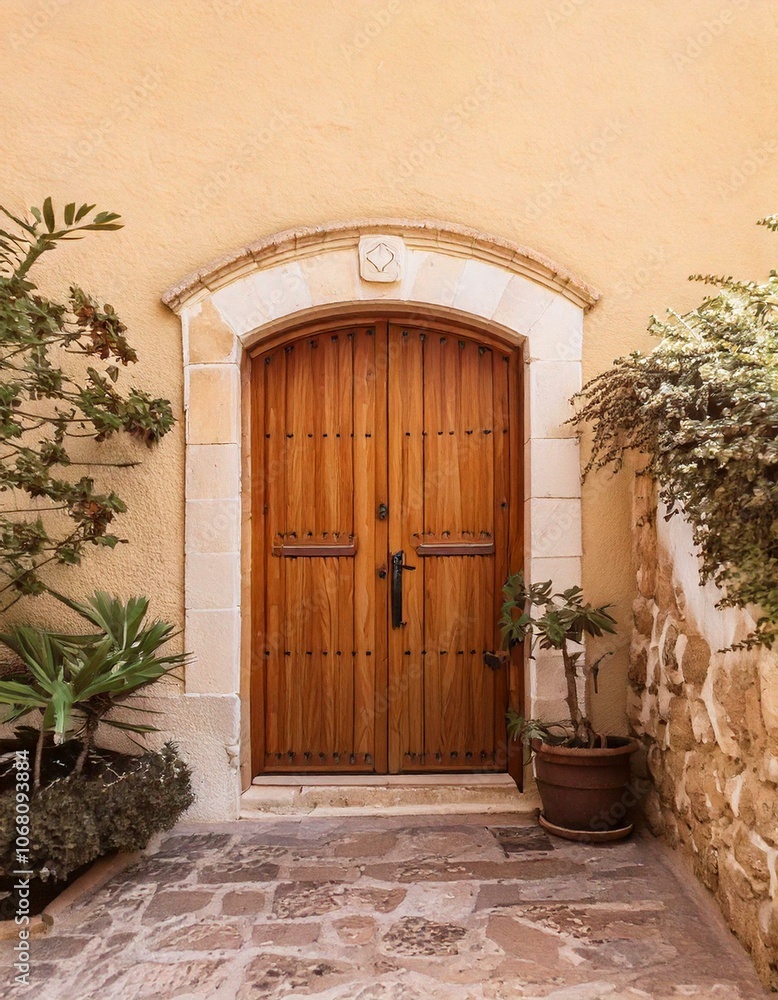 Fototapeta premium Fachada de casa con puerta de madera y plantas