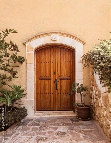 Fachada de casa con puerta de madera y plantas photo