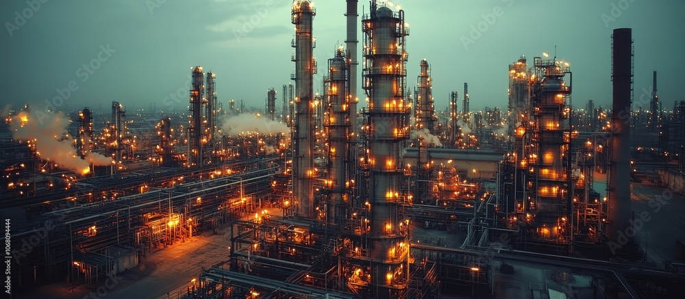 Fototapeta premium Illuminated Industrial Refinery at Dusk with Smokestacks and Complex Piping Against a Moody Sky
