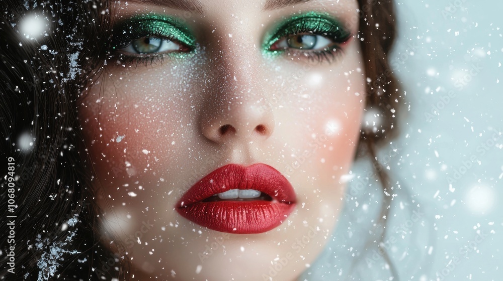 A woman with green eyes and red lips is wearing makeup