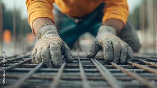 Construction worker in protective gear such as gloves and helmet carefully setting up steel rebar for the foundation of a new building under construction