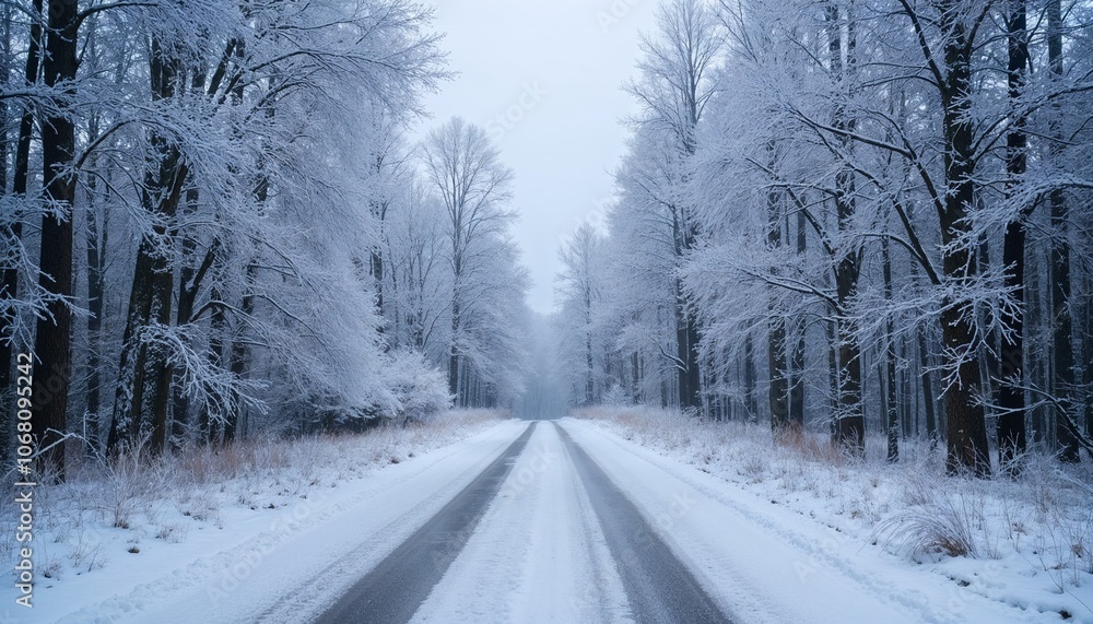 Winter road surrounded by forest Winter road surrounded by forest