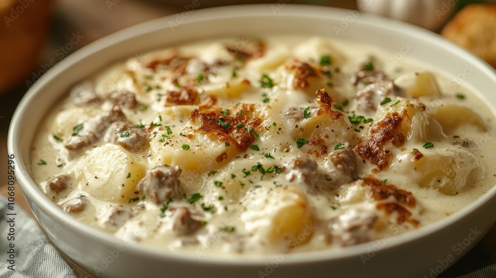 Close up View of a Creamy Janssons Temptation Casserole with Potatoes Cheese and Bacon Close up View of a Creamy Janssons Temptation Casserole with Potatoes Cheese and Bacon