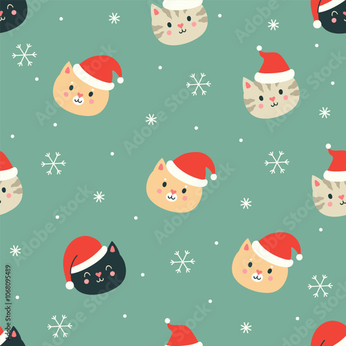 Seamless pattern with cat faces in red Christmas hats. Vector graphics