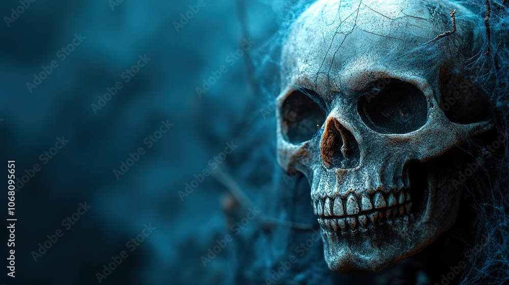 A Halloween design with a spider web and skeleton skull, showcased on a dark blue background, ideal for greeting cards, posters, or invitations with copy space. A Halloween design with a spider web and skeleton skull, showcased on a dark blue background, ideal for greeting cards, posters, or invitations with copy space.