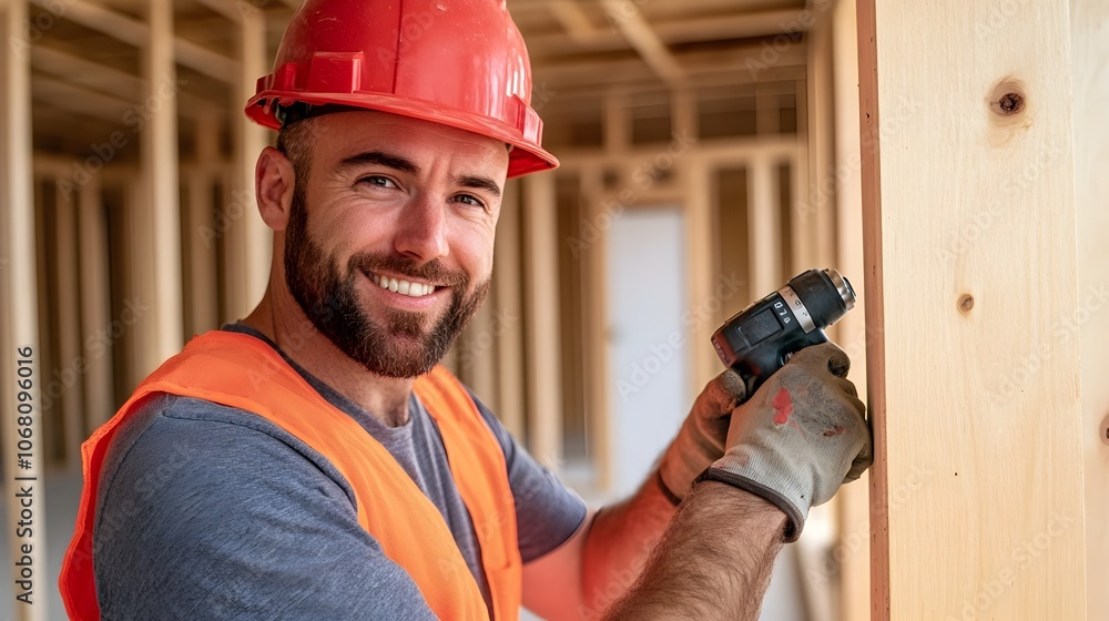 A construction worker is shown installing a window frame in a newly built home using a power drill to securely fasten the frame in place The worker is wearing a red hard hat and safety vest A construction worker is shown installing a window frame in a newly built home using a power drill to securely fasten the frame in place The worker is wearing a red hard hat and safety vest