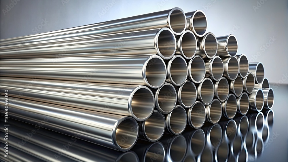 Modern Architectural Still Life of Stainless Steel Pipes on Light Gray Background Modern Architectural Still Life of Stainless Steel Pipes on Light Gray Background