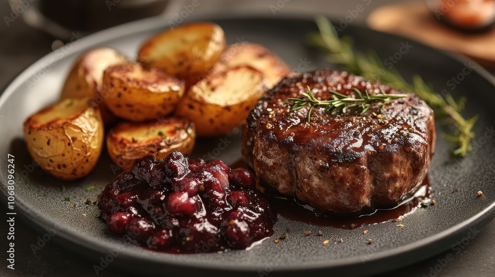 Gourmet Presentation of Tempting Kottbullar Dish with Roasted Potatoes and Vibrant Garnish Gourmet Presentation of Tempting Kottbullar Dish with Roasted Potatoes and Vibrant Garnish