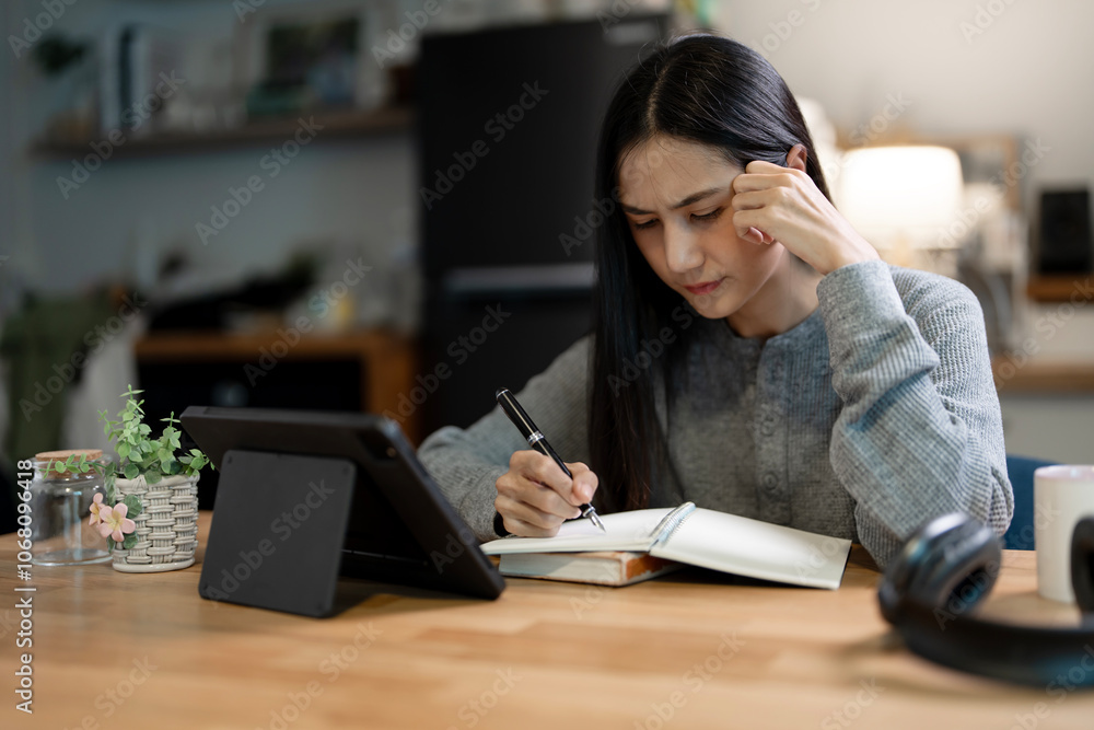 Young Asian women are bored, work at home, feel lazy and writing note. Young Asian women are bored, work at home, feel lazy and writing note.