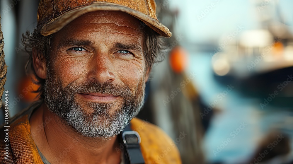 A happy fisherman stands in a harbor, representing the proud traditions of the commercial fishing industry and its connection to local communities. A happy fisherman stands in a harbor, representing the proud traditions of the commercial fishing industry and its connection to local communities.