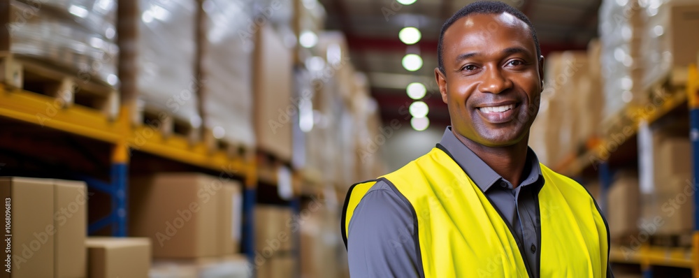 A smiling warehouse worker in a yellow safety vest stands confidently among stacked boxes, showcasing teamwork and dedication in logistics A smiling warehouse worker in a yellow safety vest stands confidently among stacked boxes, showcasing teamwork and dedication in logistics
