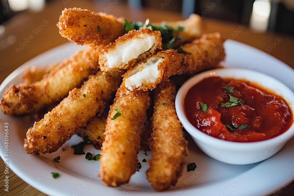 A pile of mozzarella sticks with marinara sauce on the side A pile of mozzarella sticks with marinara sauce on the side