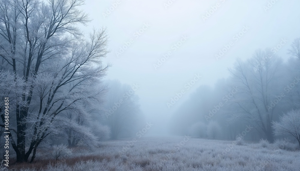 Fototapeta premium Foggy late autumn forest with frost-covered trees