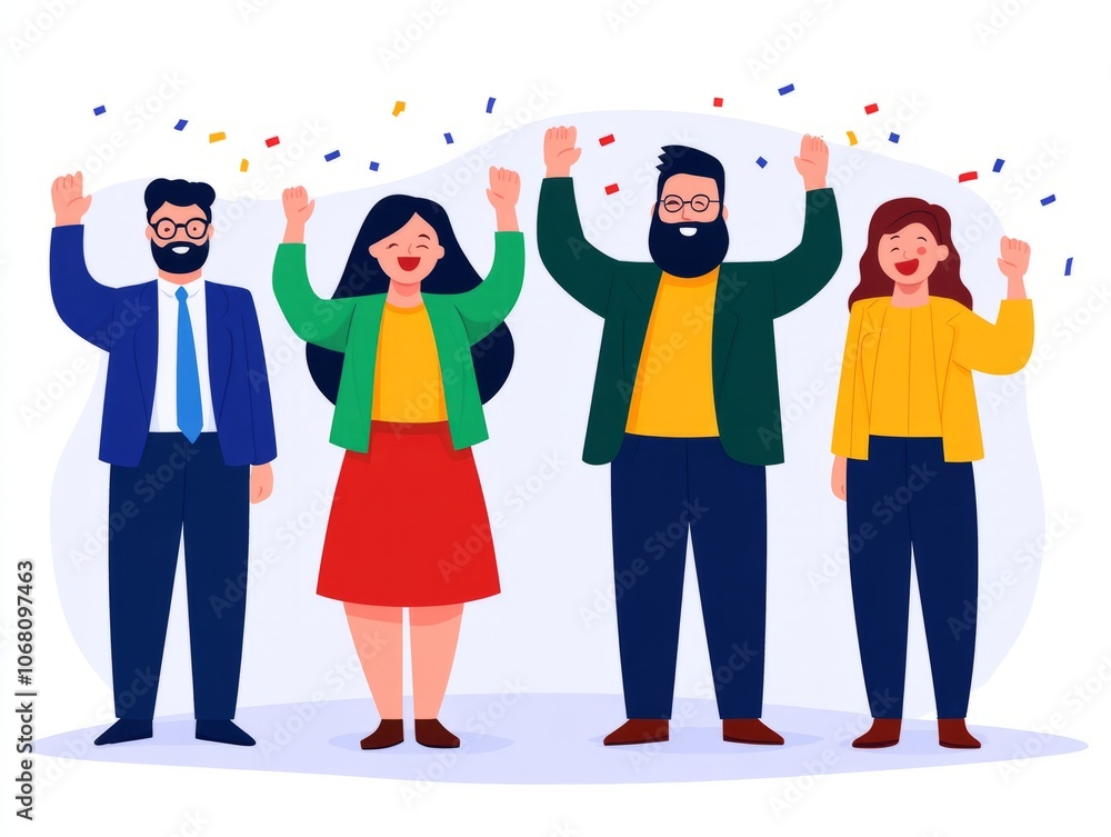 Fototapeta premium A group of four people celebrating with raised hands and confetti.