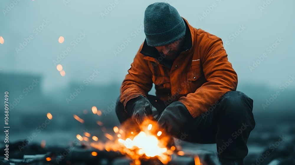 Welder in protective gear repairing the metal framework of a train carriage with sparks and molten metal flying in the dark gritty industrial scene Welder in protective gear repairing the metal framework of a train carriage with sparks and molten metal flying in the dark gritty industrial scene