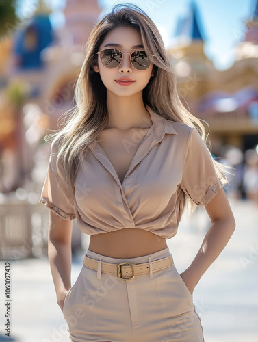 A young woman wearing fashionable glasses is on the street