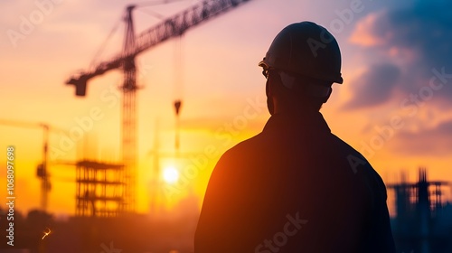 Silhouette of a welder repairing metal beams on a crane against a vibrant sunset sky at a busy construction site