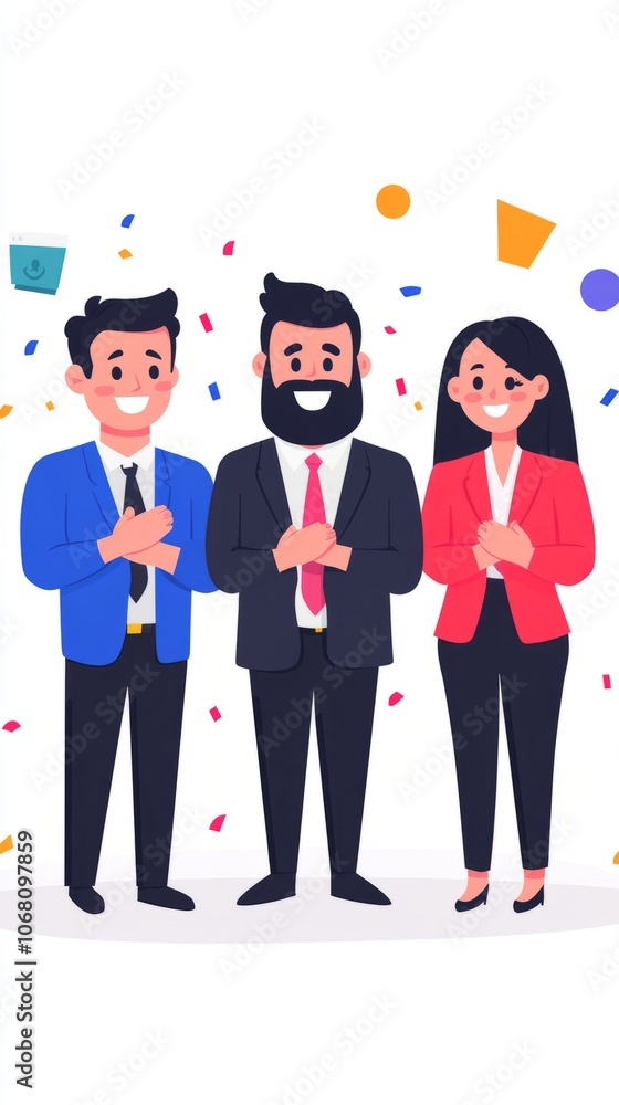 Three professionals celebrating with confetti, showcasing teamwork and success. Three professionals celebrating with confetti, showcasing teamwork and success.