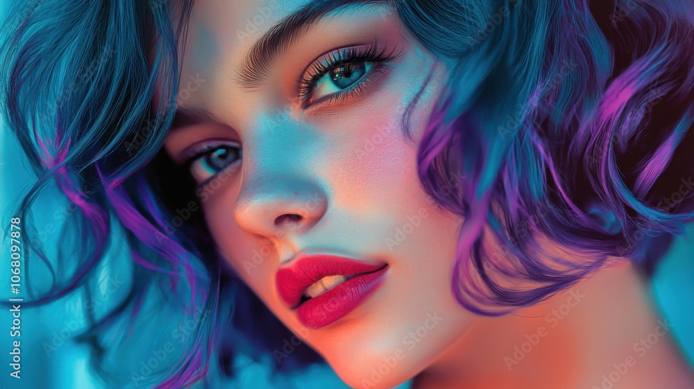 Young woman with short, wavy blue hair in a close-up, captured in a vivid and artistic style Young woman with short, wavy blue hair in a close-up, captured in a vivid and artistic style