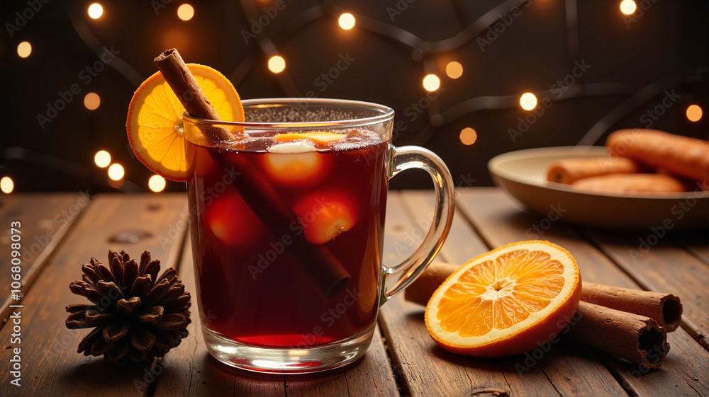 Hot spiced wine with orange and cinnamon on wooden table with lights
Hot spiced wine with orange and cinnamon on wooden table with lights