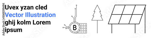 Bitcoin circuit next to a tree and solar panels highlights cryptocurrency, green energy, and sustainable technology. Ideal for tech articles, renewable energy blogs, educational materials