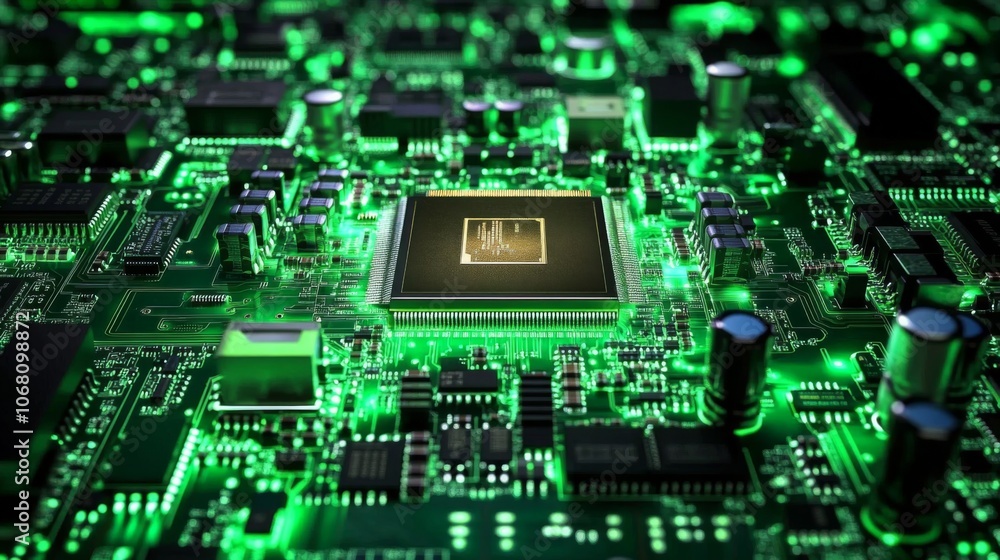 Close-up of CPU Processor Socket on Green PCB, Surrounded by Electronic Components on Motherboard, Macro Shot. Close-up of CPU Processor Socket on Green PCB, Surrounded by Electronic Components on Motherboard, Macro Shot.
