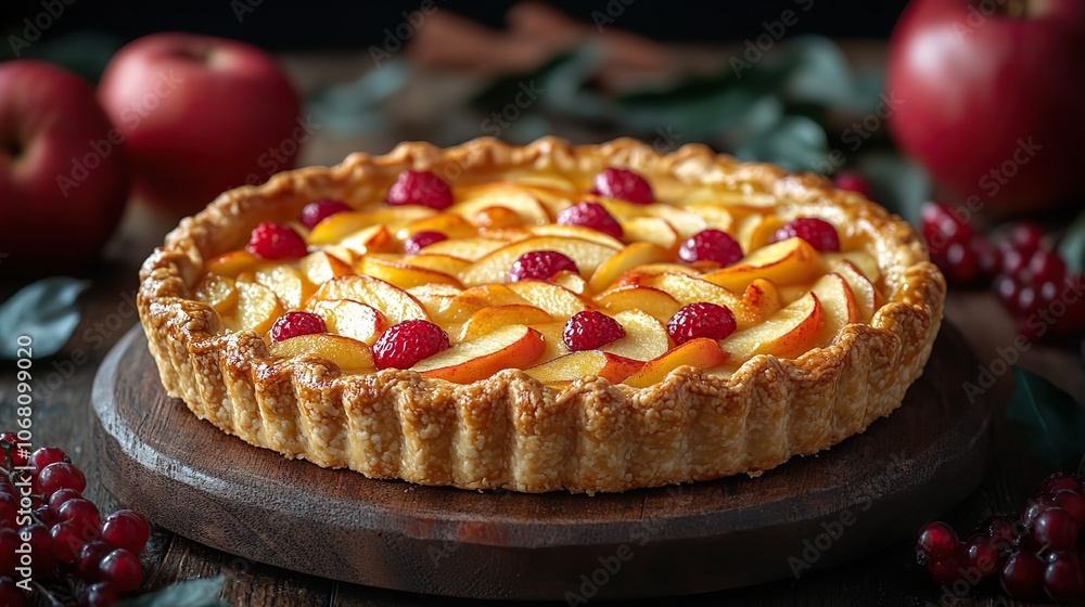 A homemade apple pie with fresh fruit on a rustic table, serving as a delicious bakery or restaurant menu item for Thanksgiving Day, Mabon, or Halloween parties. A homemade apple pie with fresh fruit on a rustic table, serving as a delicious bakery or restaurant menu item for Thanksgiving Day, Mabon, or Halloween parties.