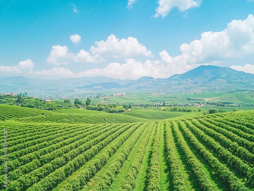 Lush green vineyard landscape under a bright blue sky with distant mountains. Lush green vineyard landscape under a bright blue sky with distant mountains.