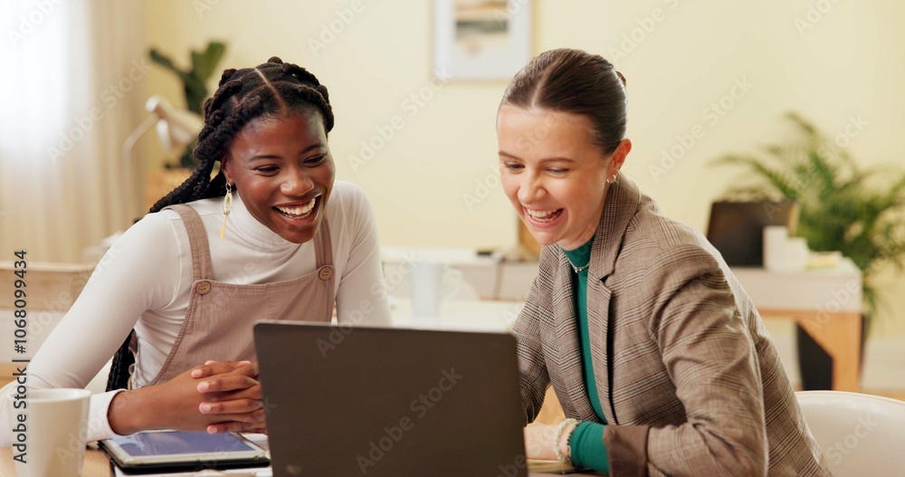 Women, happy and laptop at startup, reading and excited with results, proposal and feedback for project. People, partnership and computer with smile for progress, email and review at creative agency Women, happy and laptop at startup, reading and excited with results, proposal and feedback for project. People, partnership and computer with smile for progress, email and review at creative agency