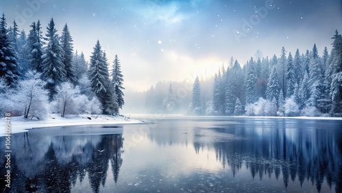 Frozen lake surrounded by misty forest in serene winter scene with snowfall under gray sky, snow, winter, frozen, lake, misty