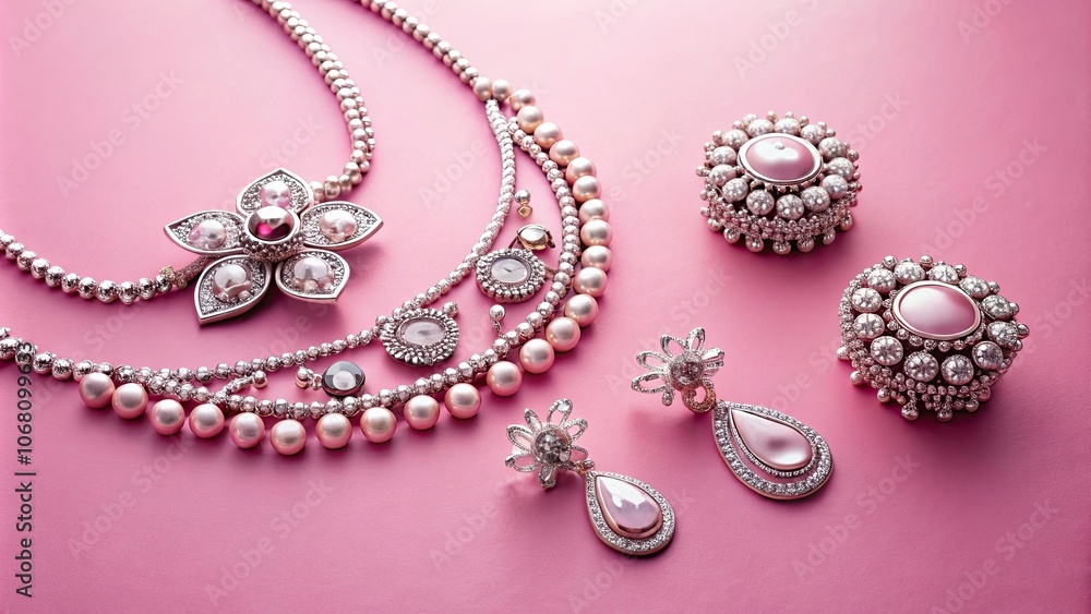 High angle shot of elegant jewelry pieces on a pink surface , ring, necklaces, accessories, luxury, fashion, diamonds, gems High angle shot of elegant jewelry pieces on a pink surface , ring, necklaces, accessories, luxury, fashion, diamonds, gems