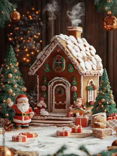 Charming gingerbread house, Christmas fir trees, Santa Claus, and gift cookies, arranged in a festive composition, embodying the winter holiday celebration concept