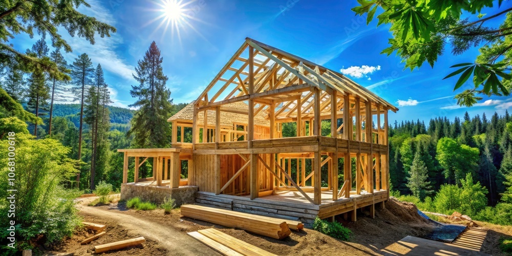 Rustic Wooden Frame House Under Construction Surrounded by Lush Greenery and Clear Blue Sky - Macro Photography Rustic Wooden Frame House Under Construction Surrounded by Lush Greenery and Clear Blue Sky - Macro Photography
