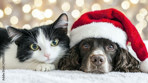 A cat and a dog wearing a Santa hat. AI.