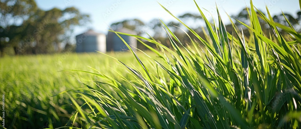 A field of green crops with grain silos in the distance. AI. A field of green crops with grain silos in the distance. AI.
