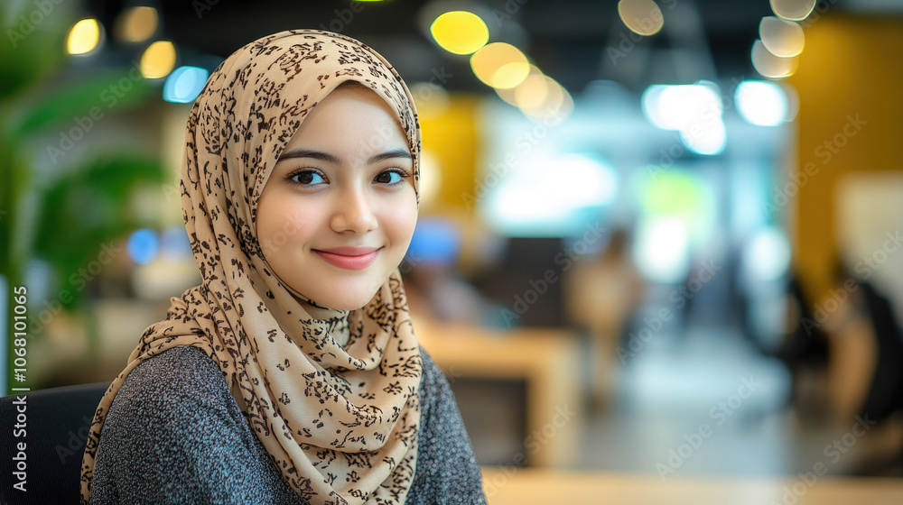 A young woman wearing a headscarf is smiling at the camera in the office A young woman wearing a headscarf is smiling at the camera in the office