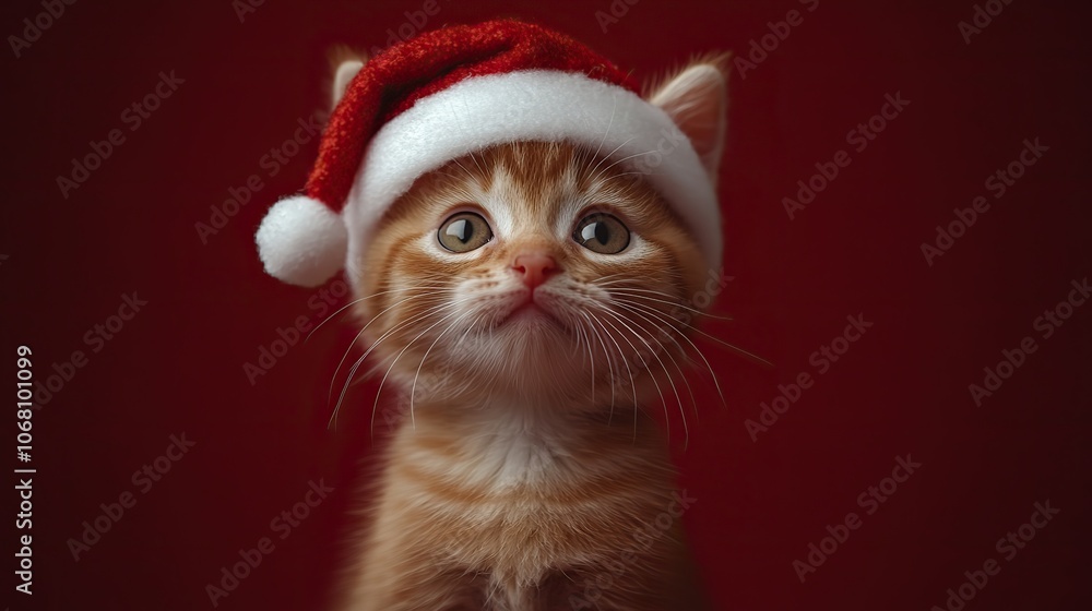 A kitten wearing a Santa hat on a red background represents Christmas and New Year celebrations, making it perfect for festive greeting cards and banners. A kitten wearing a Santa hat on a red background represents Christmas and New Year celebrations, making it perfect for festive greeting cards and banners.