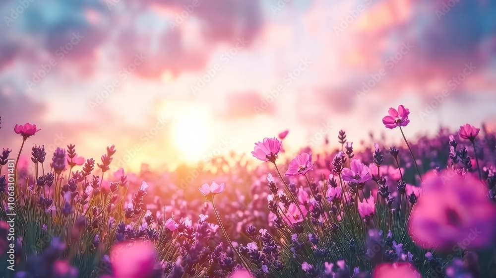 A vibrant field of flowers under a colorful sunset sky. A vibrant field of flowers under a colorful sunset sky.