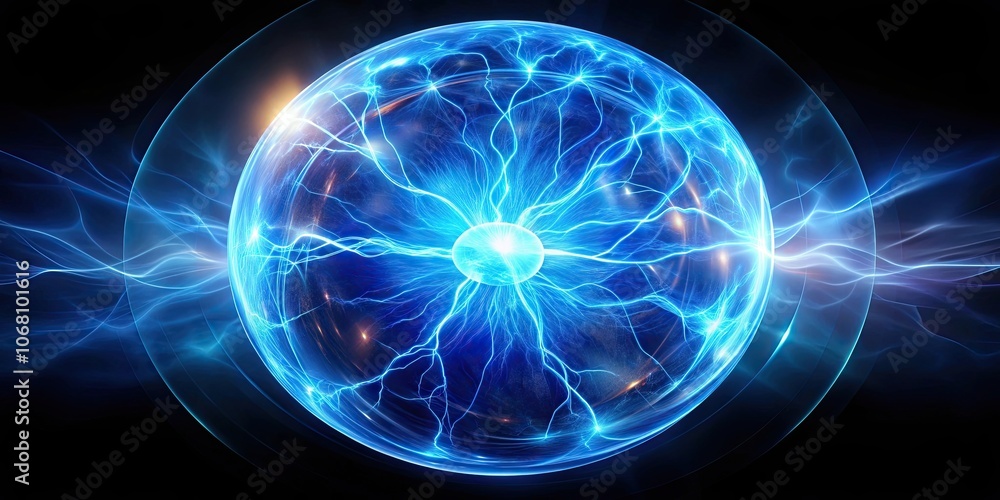 Fototapeta premium Blue plasma ball with swirling energy charges in a dark studio setting, plasma, ball, blue, energy, charges, electricity