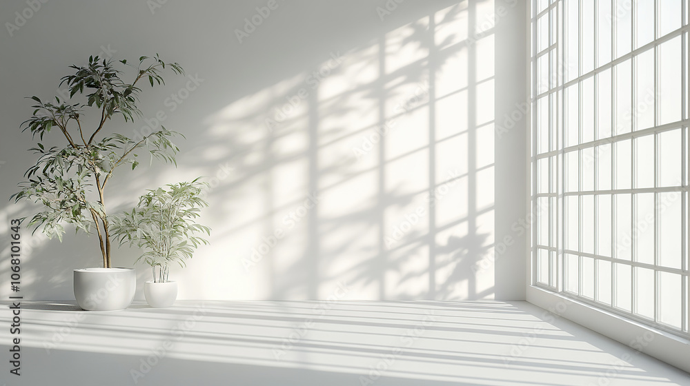 an empty room with plants and a window. The interior design is minimal, with a white color tone an empty room with plants and a window. The interior design is minimal, with a white color tone