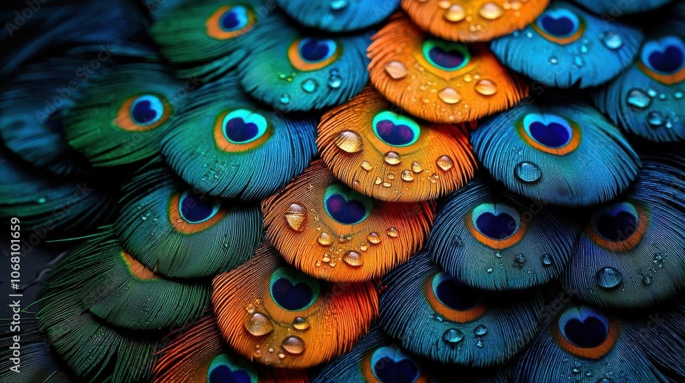 Colorful peacock feathers with droplets, vibrant texture on a black background. Colorful peacock feathers with droplets, vibrant texture on a black background.
