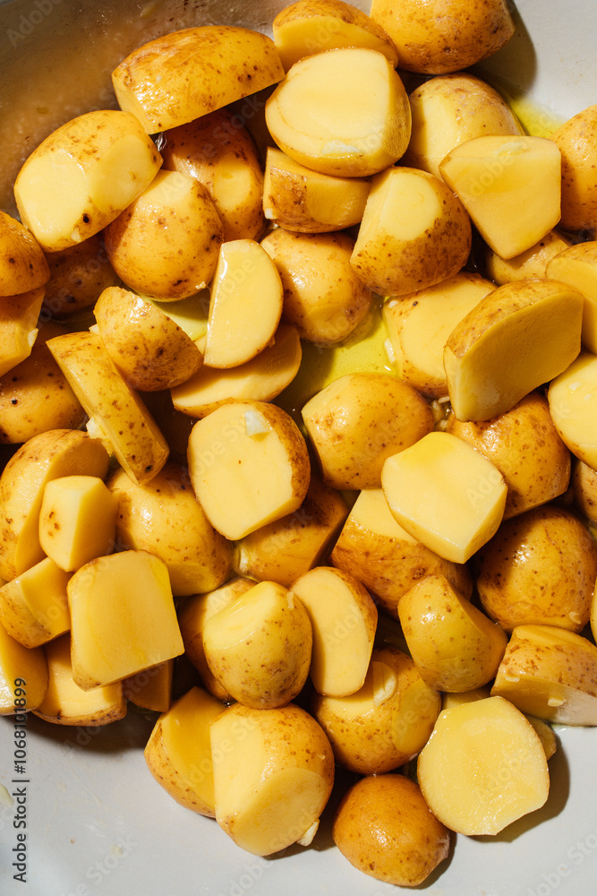 sliced petite gold potatoes ready to roast with olive oil and garlic sliced petite gold potatoes ready to roast with olive oil and garlic