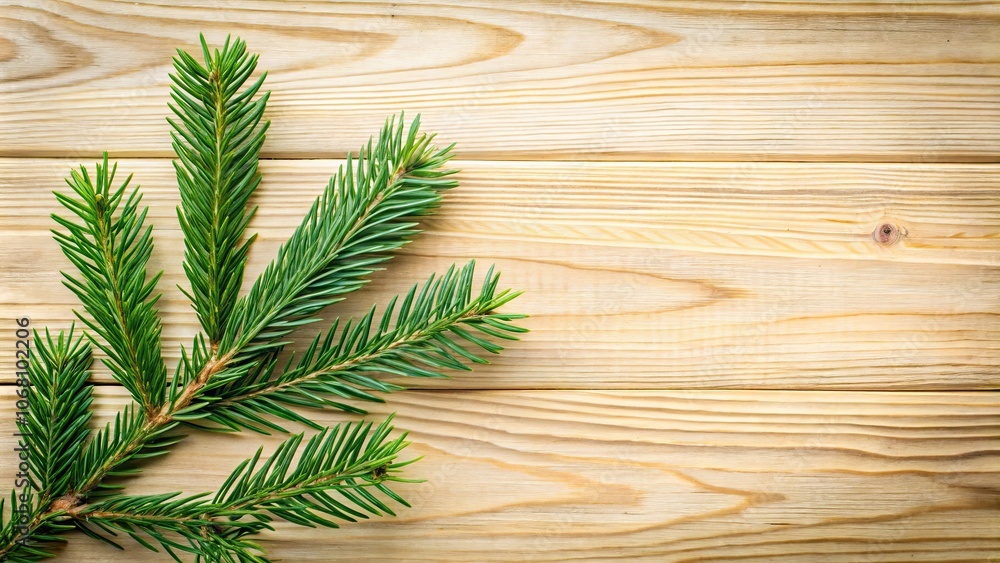 Sprig of fir on light wood background, fir, pine, holiday, Christmas, decoration, evergreen, rustic, natural, organic, wood Sprig of fir on light wood background, fir, pine, holiday, Christmas, decoration, evergreen, rustic, natural, organic, wood