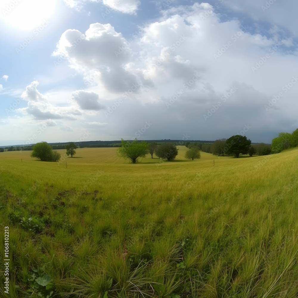Obraz premium Panoramic view of a field covered in grass and trees under sunlight